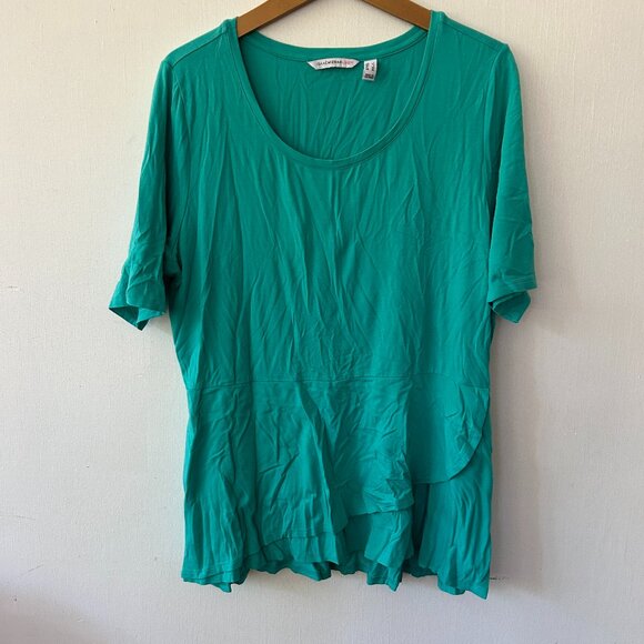 IsaacMizrahiLive Top Womens Large Blue Teal Scoop Neck Short Sleeve FLAW - Picture 1 of 5